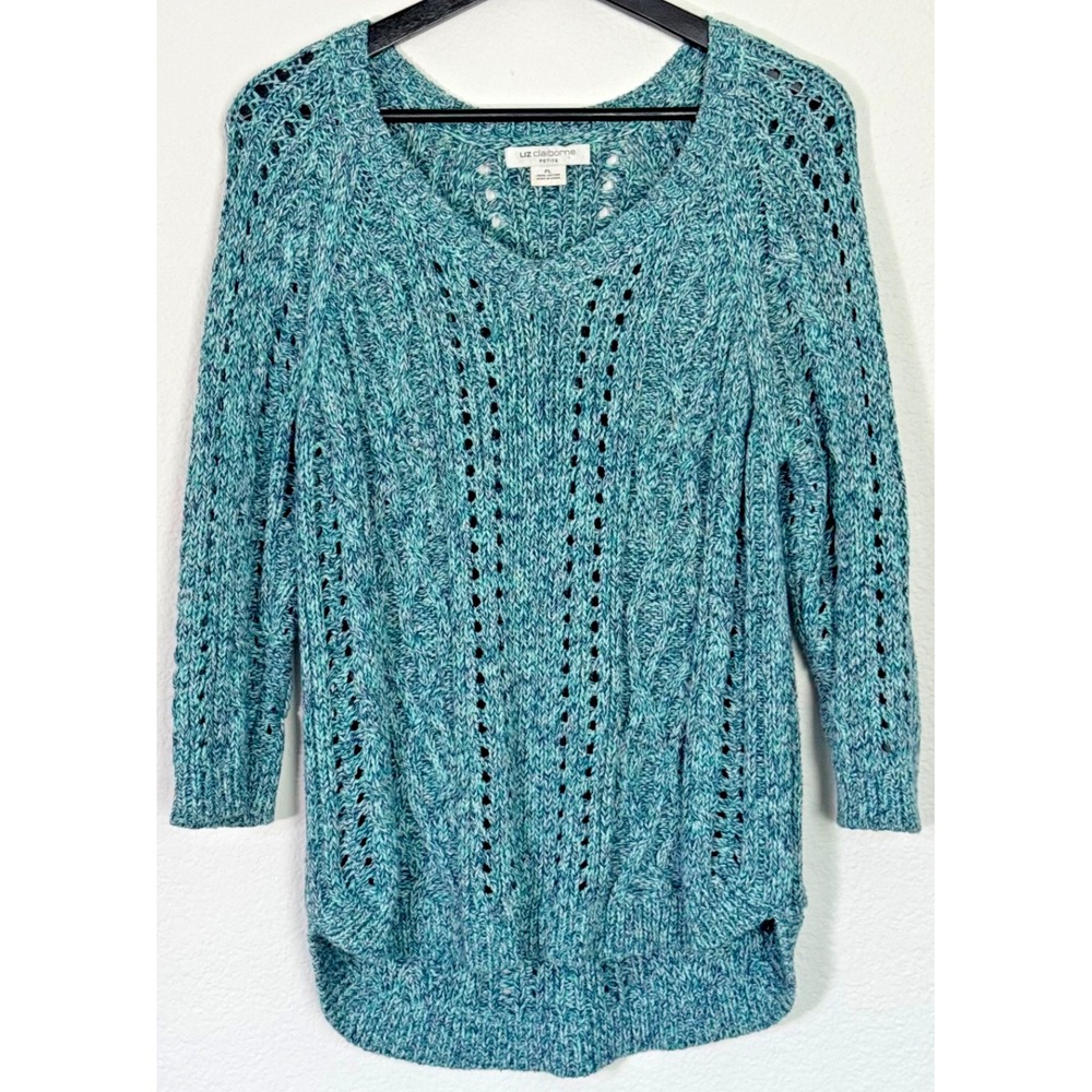 Liz Claiborne Sweater Petite Large Blue Green Cable Knit V-Neck Asymmetrical Hem